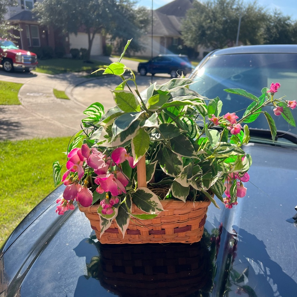 Decorative Basket with Pink and Green Foliage